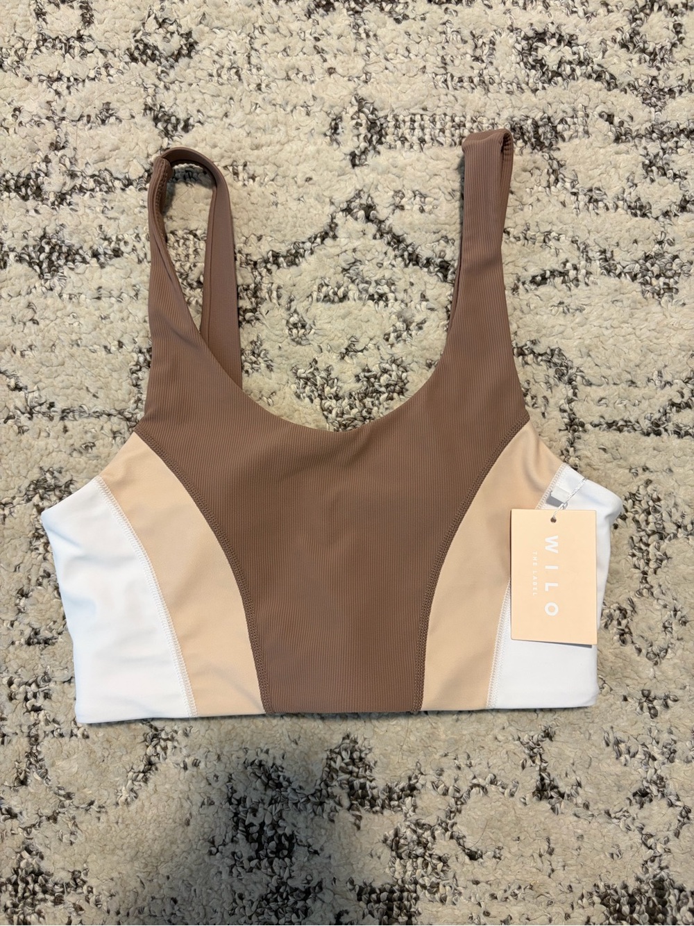 Wilo Tri-Tone Scoop Sports Bra in Brown, Beige & White